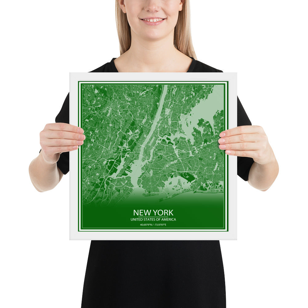 New York Green and White Framed Map