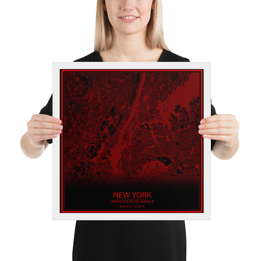 New York Black and Red Framed Map
