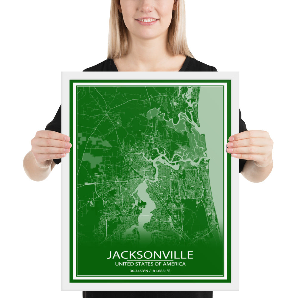 Jacksonville Green and White Framed Map