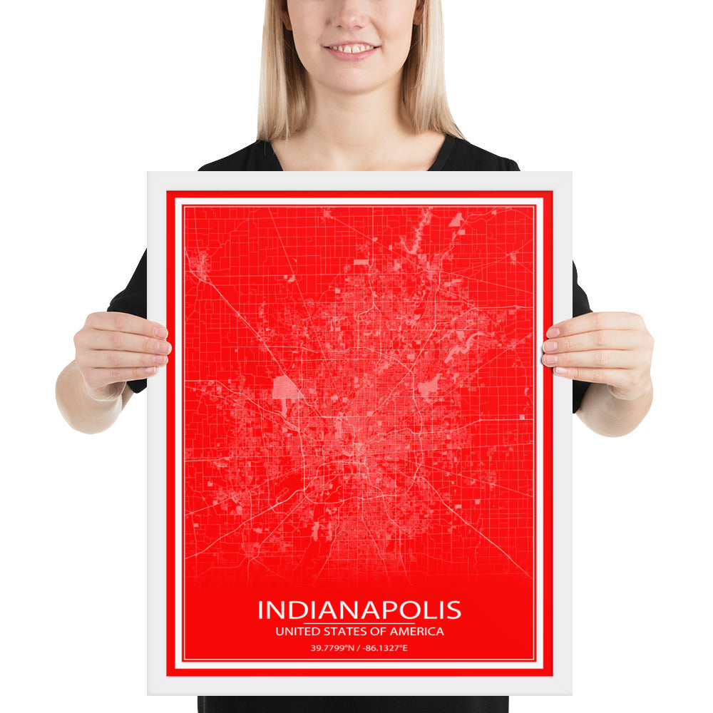 Indianapolis Red and White Framed Map