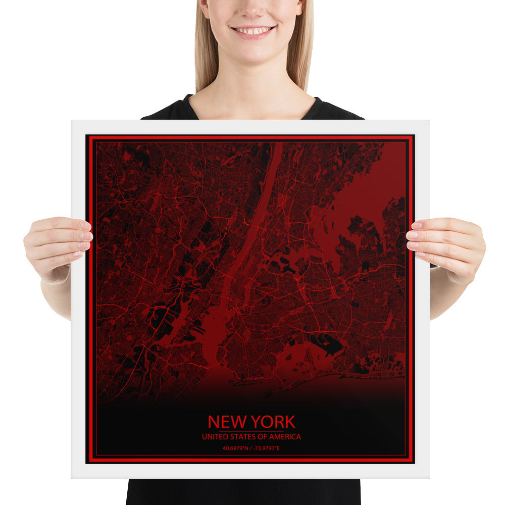 New York Black and Red Framed Map