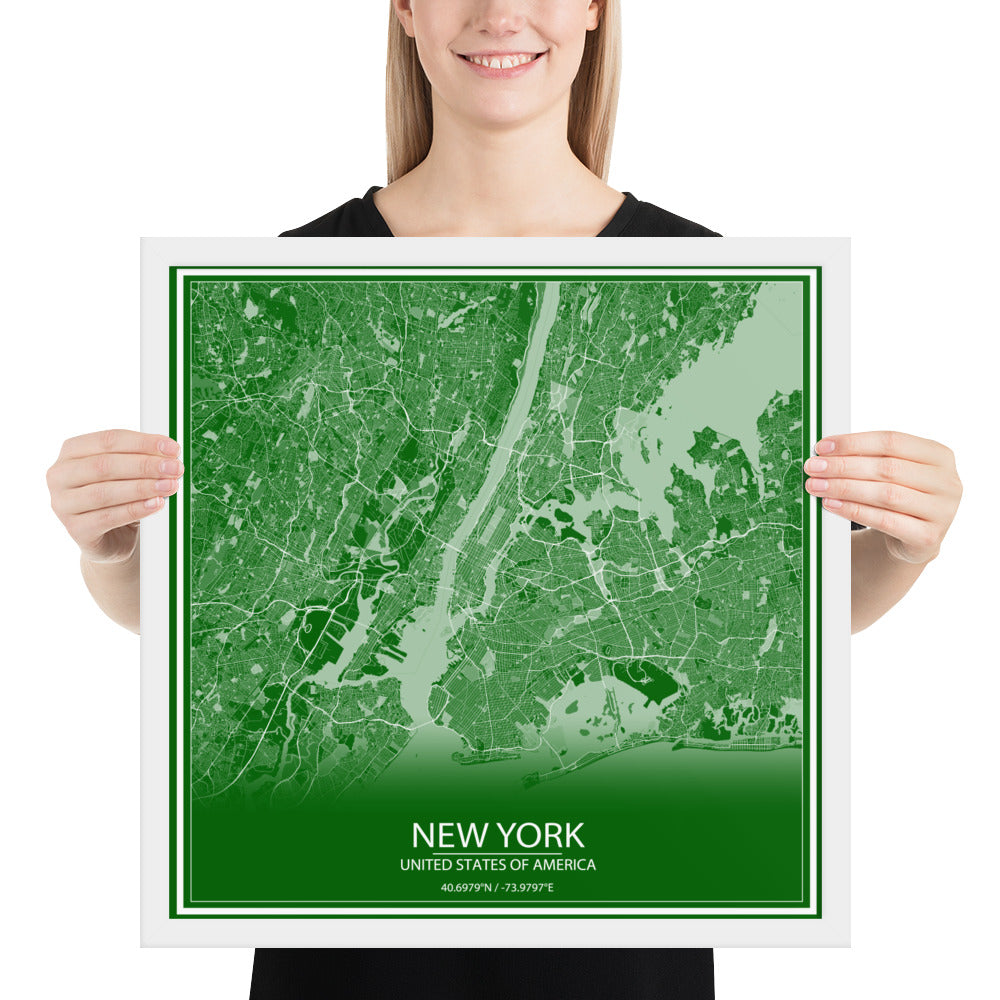 New York Green and White Framed Map