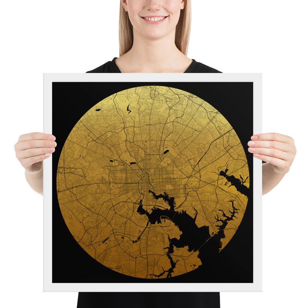 Baltimore Gold on Black Framed Map