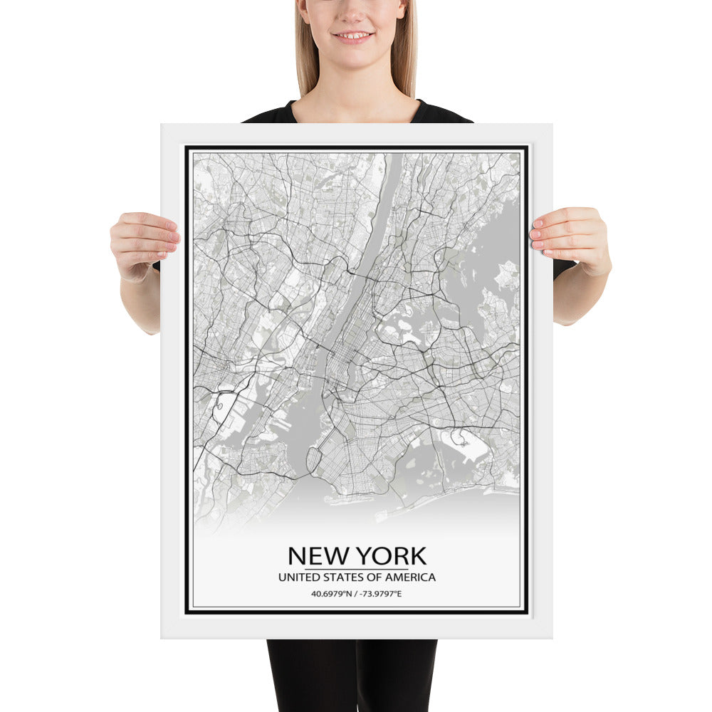 New York White Framed Map