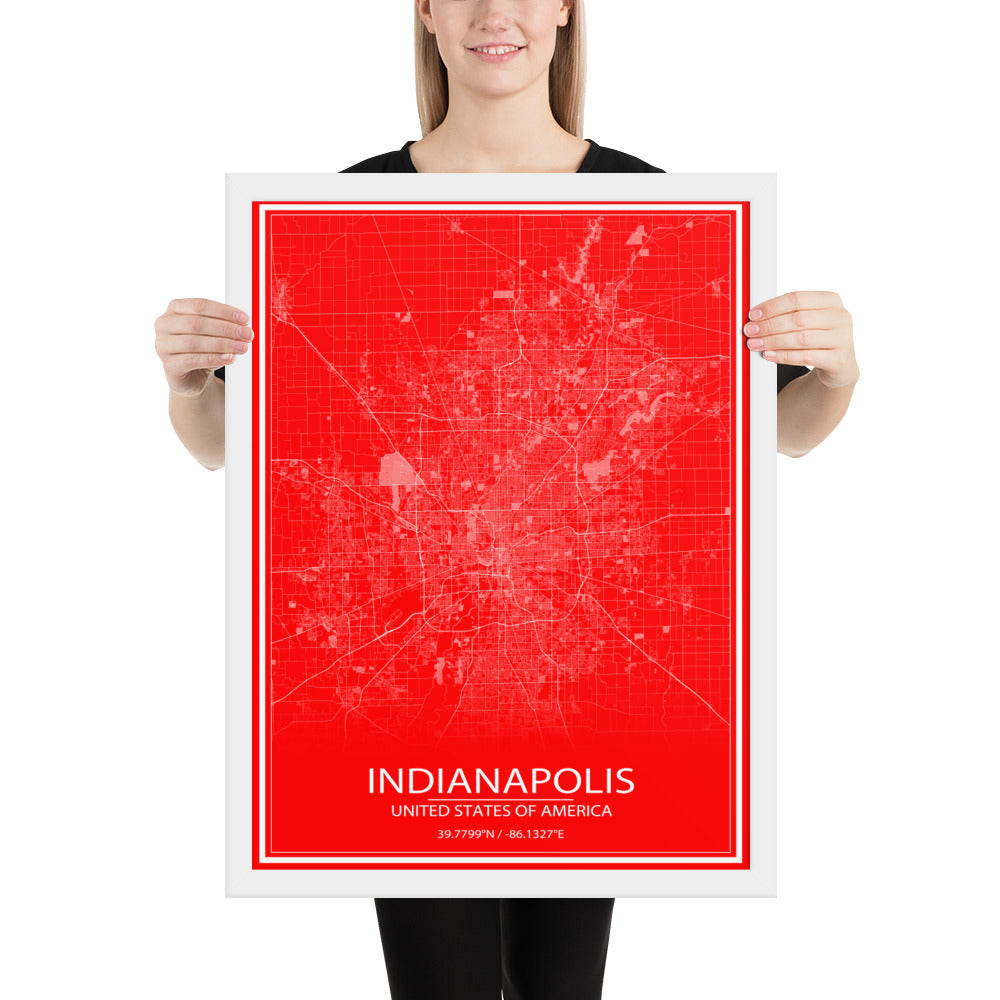 Indianapolis Red and White Framed Map