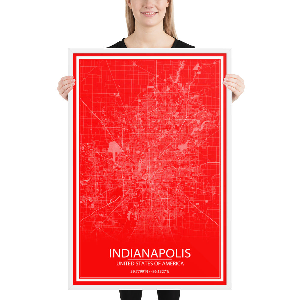 Indianapolis Red and White Framed Map