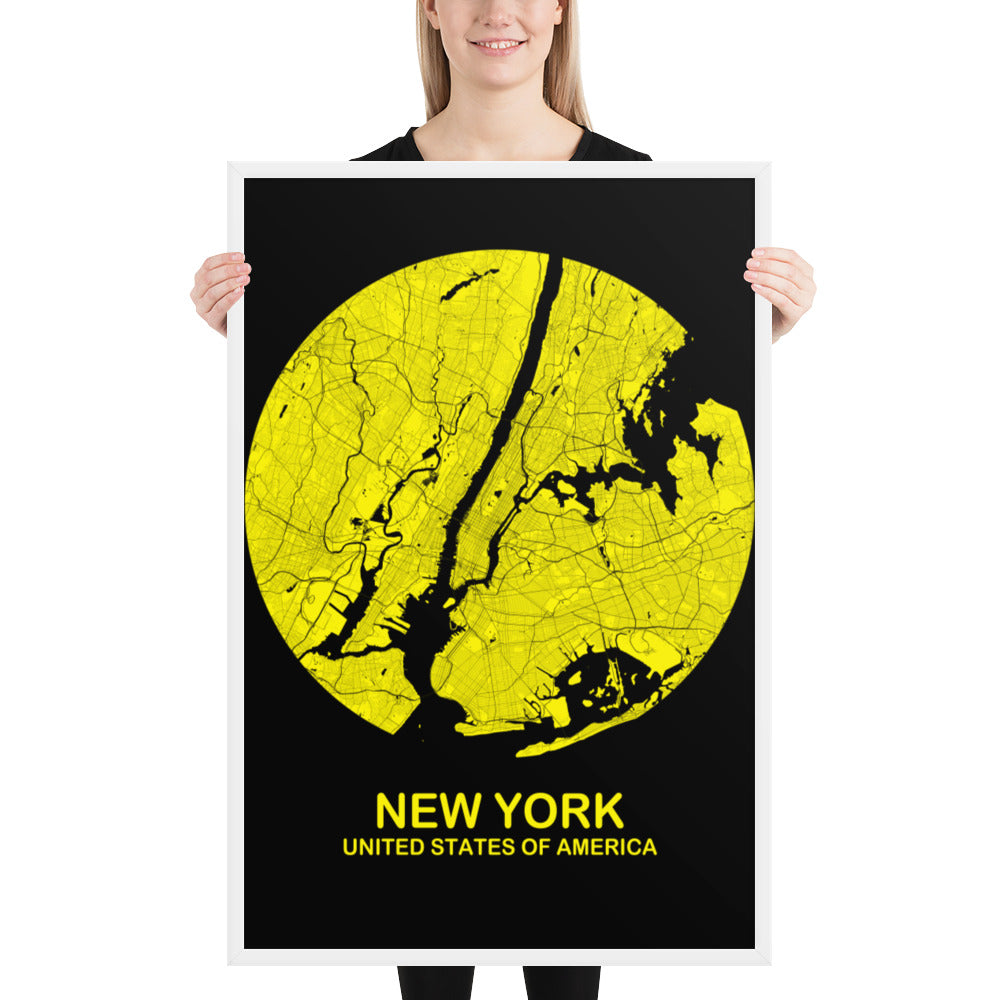 New York Circular Yellow Framed Map