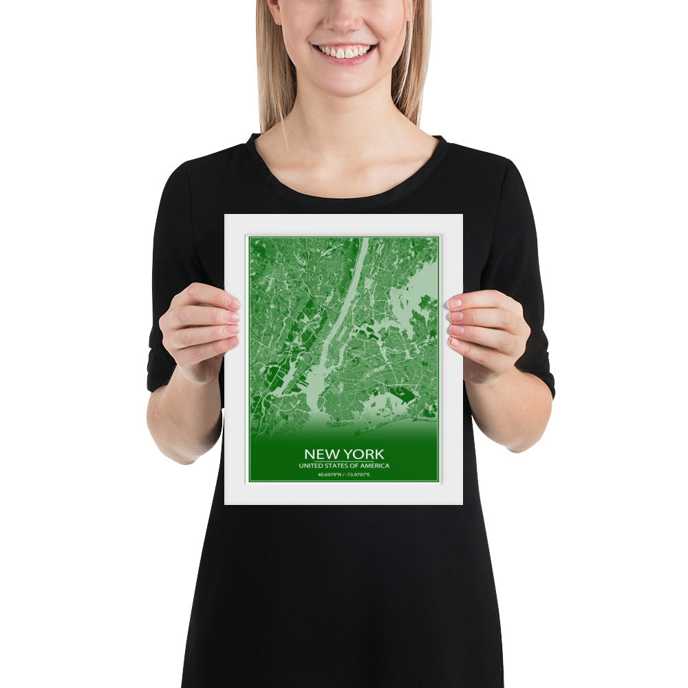 New York Green and White Framed Map