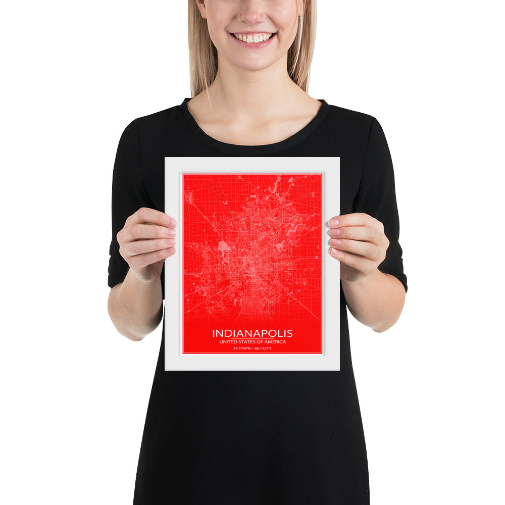 Indianapolis Red and White Framed Map