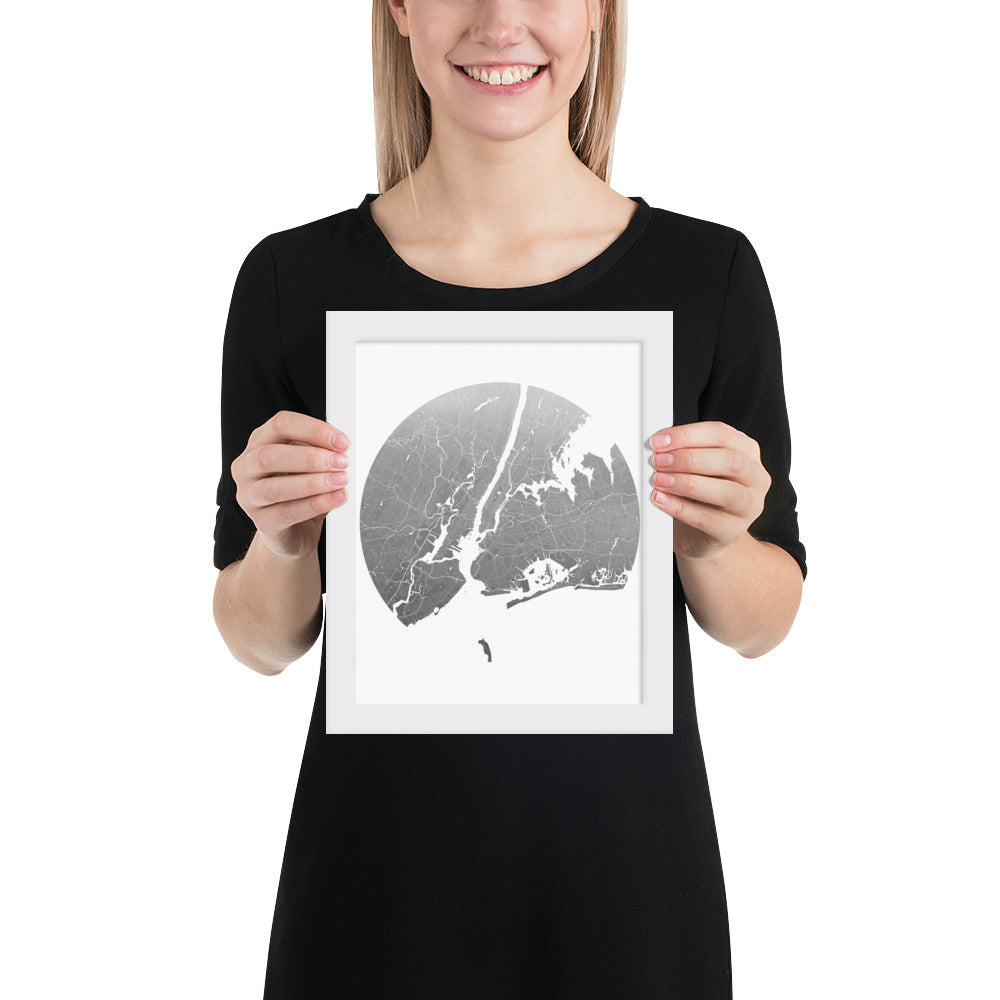New York Silver on White Framed Map