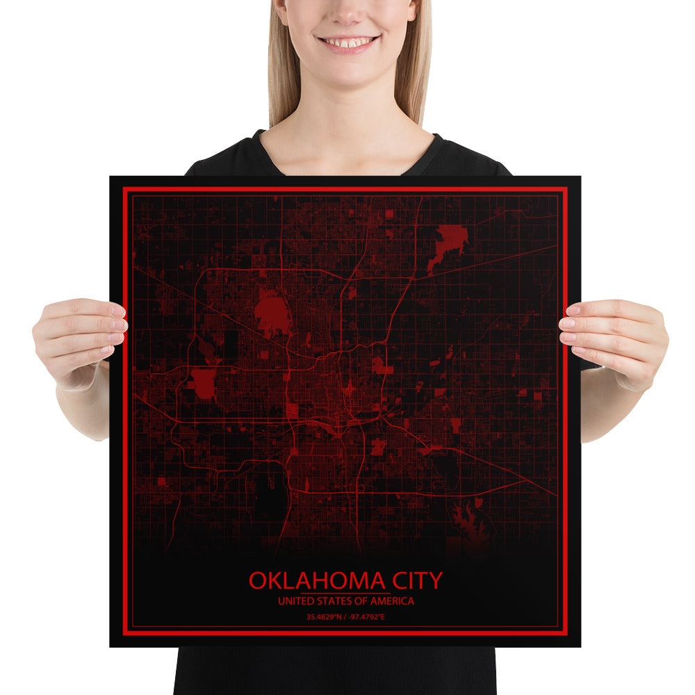 Oklahoma City Black and Red Paper Map
