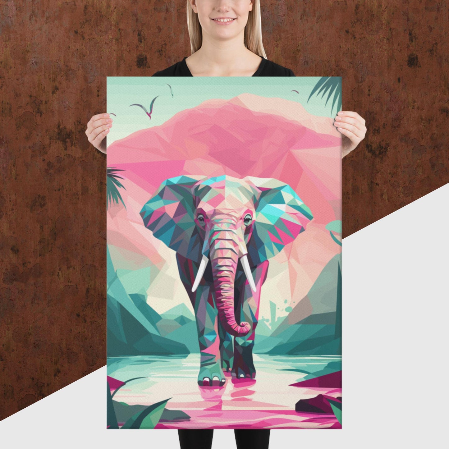 Green and Pink Elephant Canvas Poster