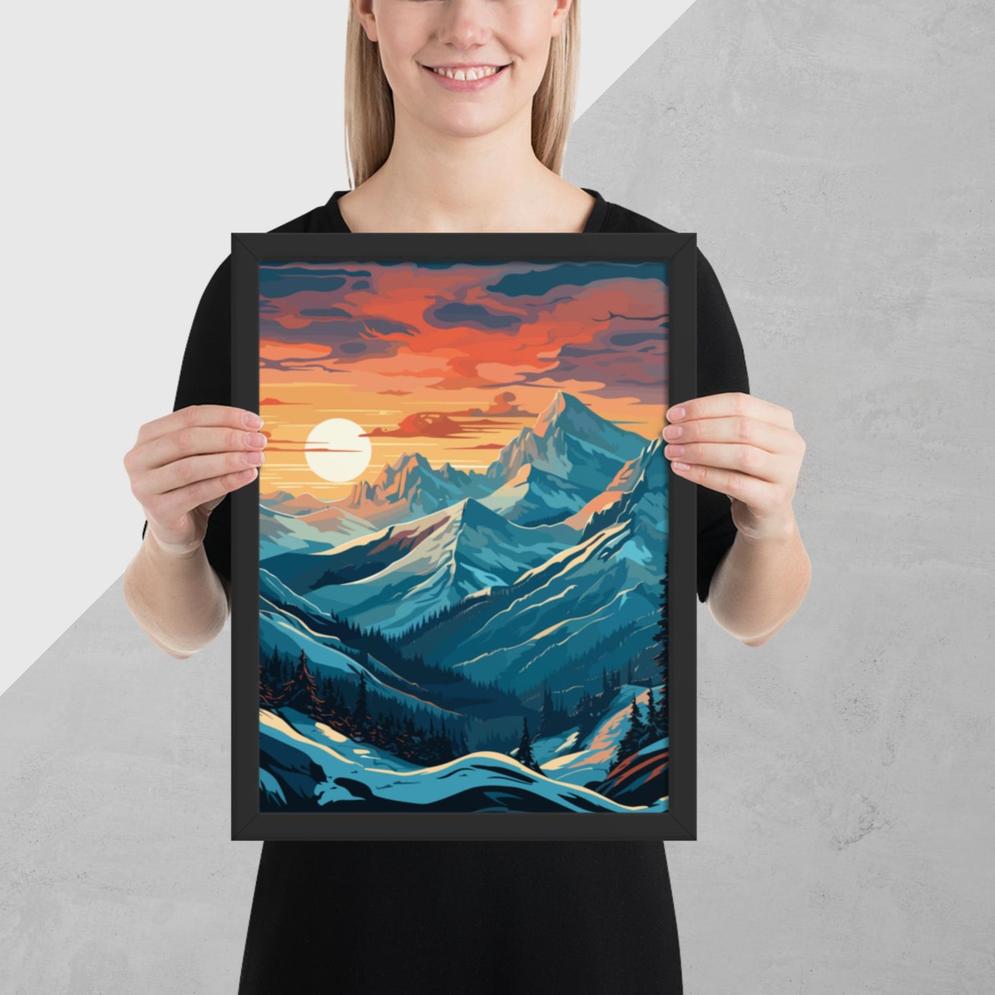 Snowy Mountain Sunset Framed Poster