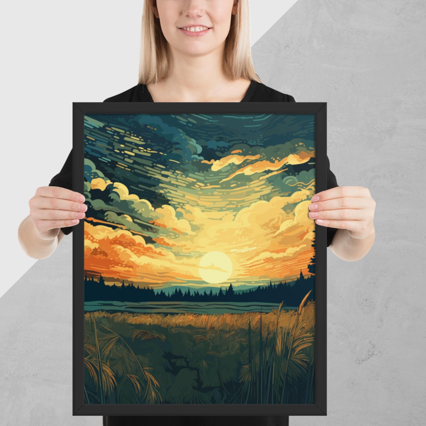 Crop Field Sunset Framed Poster