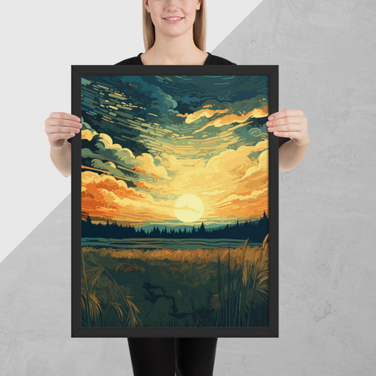 Crop Field Sunset Framed Poster