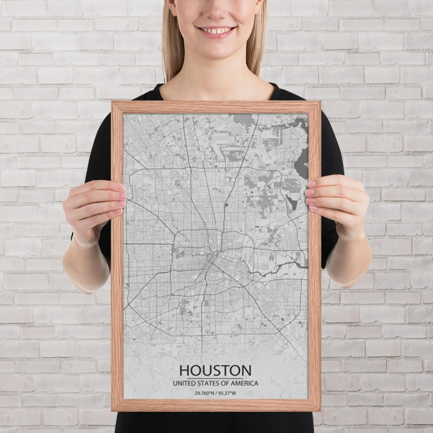 Houston Light Grey Framed Map