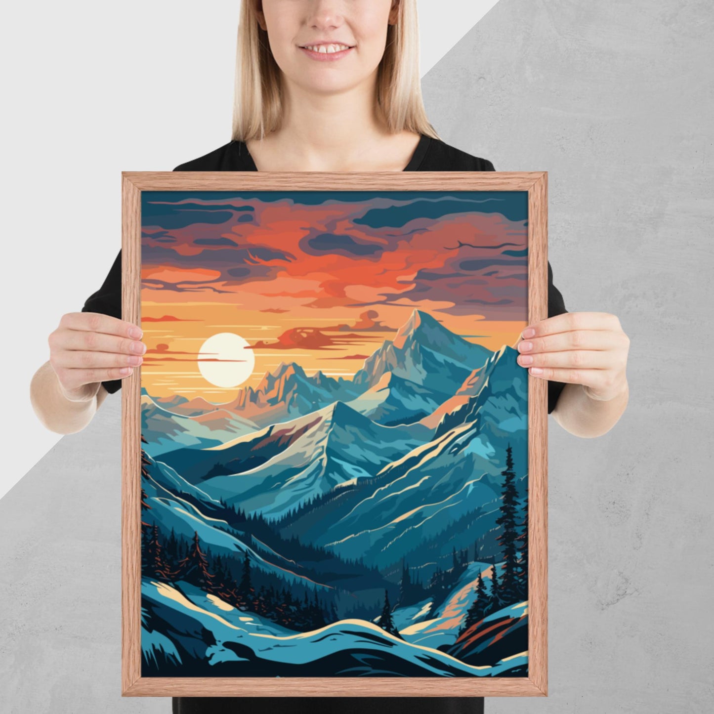 Snowy Mountain Sunset Framed Poster
