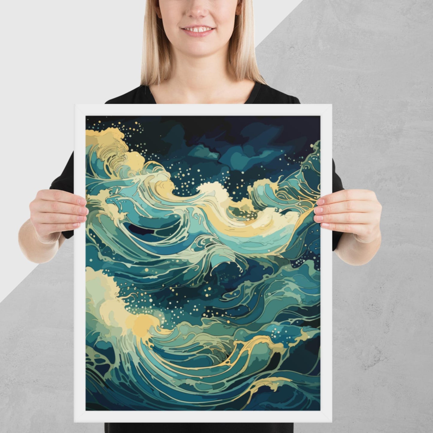 Nighttime Ocean Waves Framed Poster