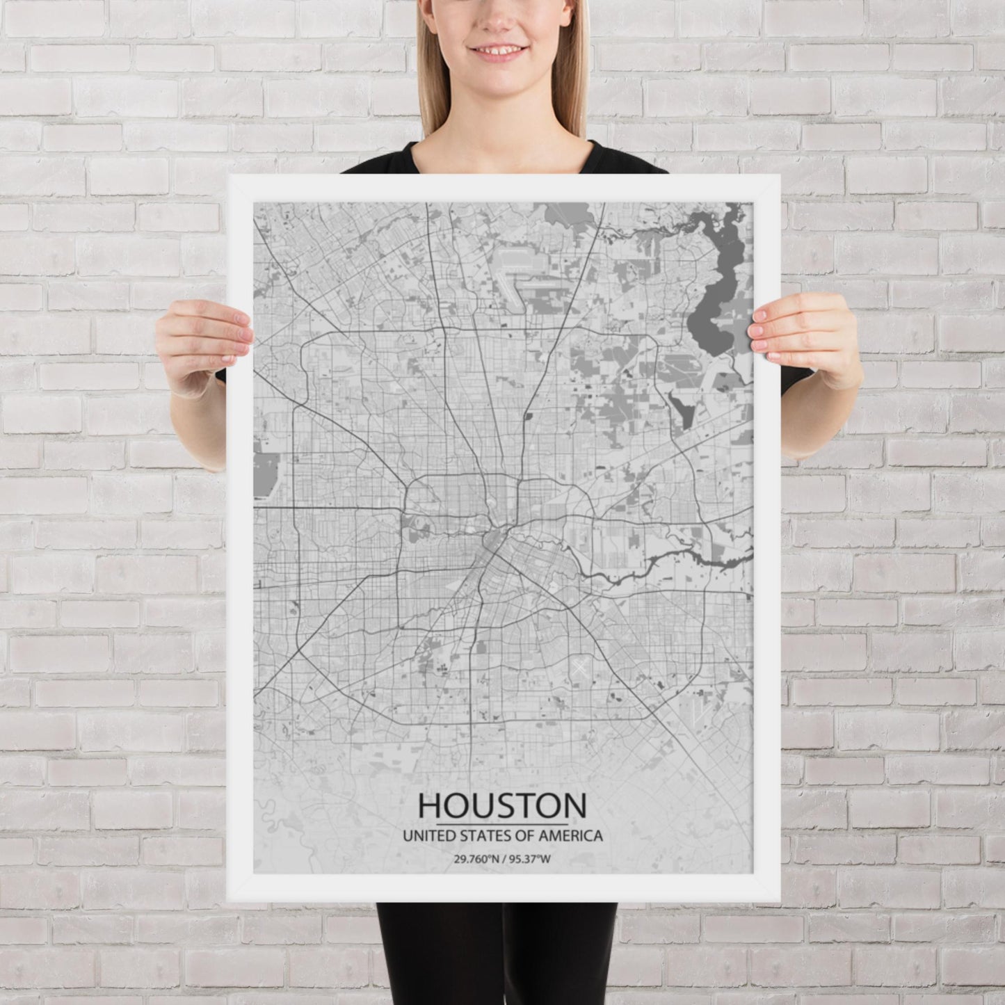 Houston Light Grey Framed Map