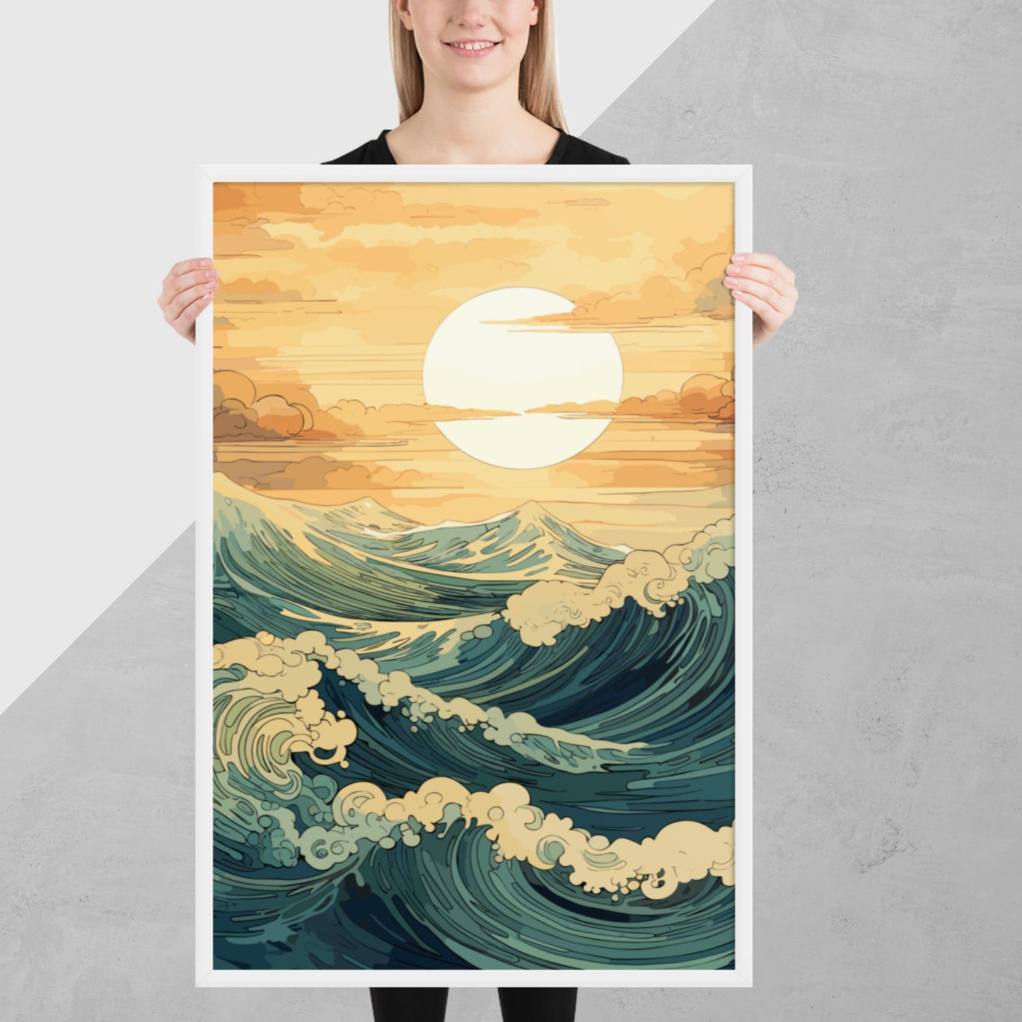 Wavy Sea Sunset Framed Poster