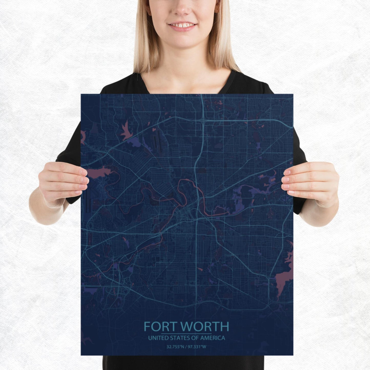 Fort Worth Blue and Purple Paper Map