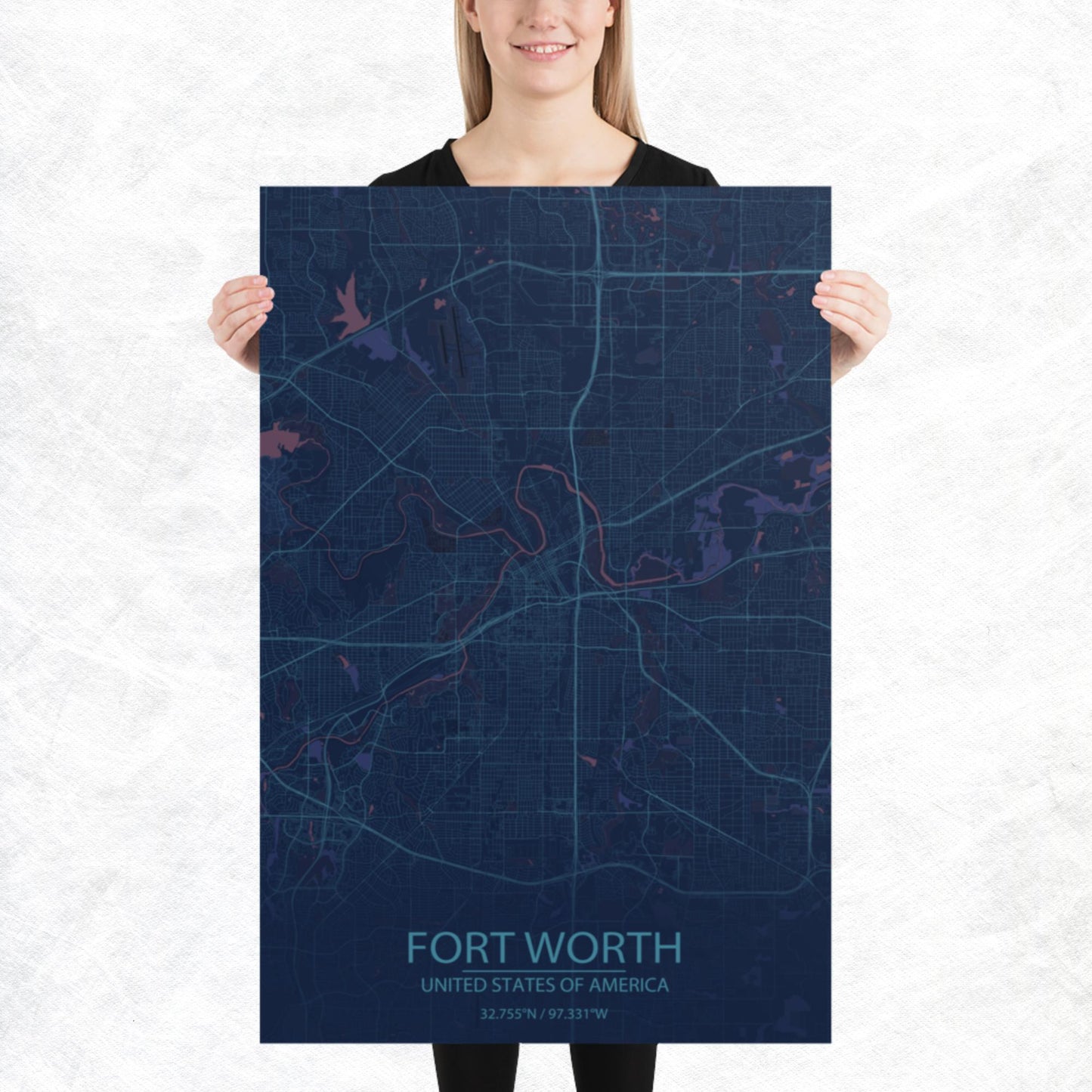 Fort Worth Blue and Purple Paper Map