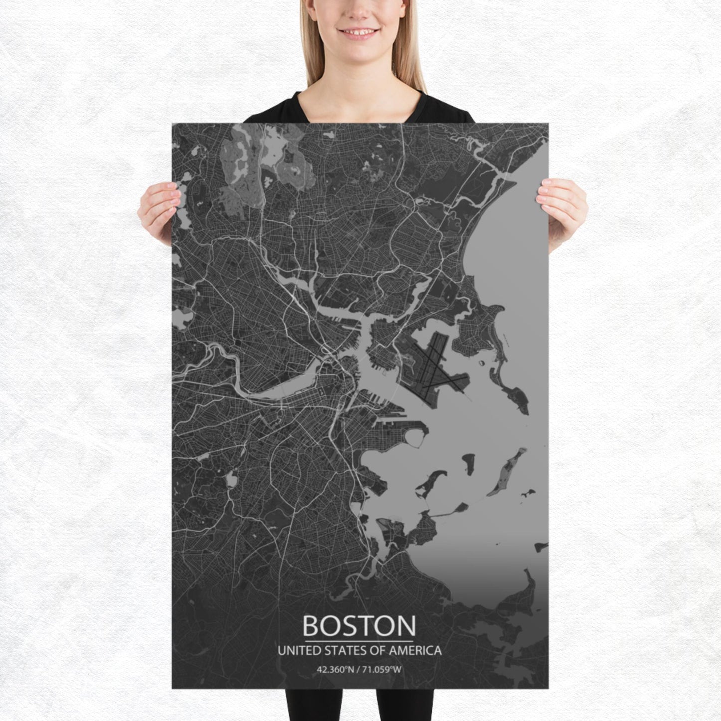 Boston Dark Grey Paper Map