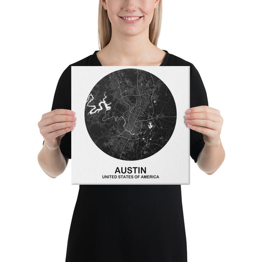 Austin Circular Black Canvas Map