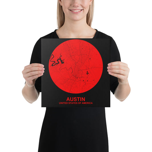 Austin Circular Red Canvas Map