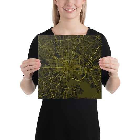 Baltimore Black and Yellow Canvas Map
