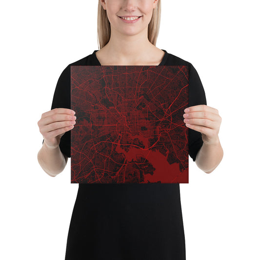 Baltimore Black and Red Canvas Map