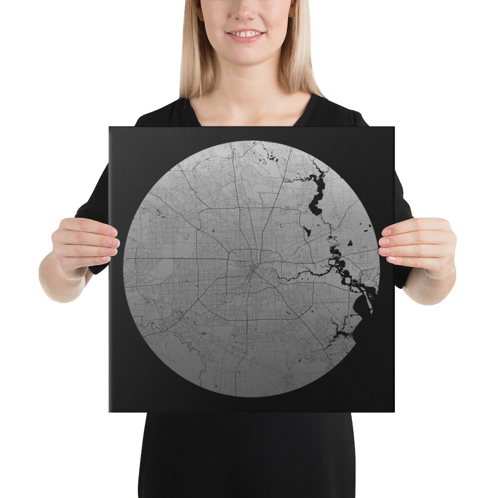 Houston Silver on Black Canvas Map