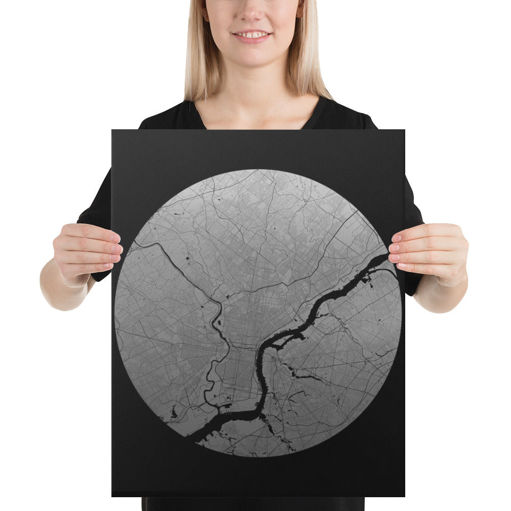 Philadelphia Silver on Black Canvas Map