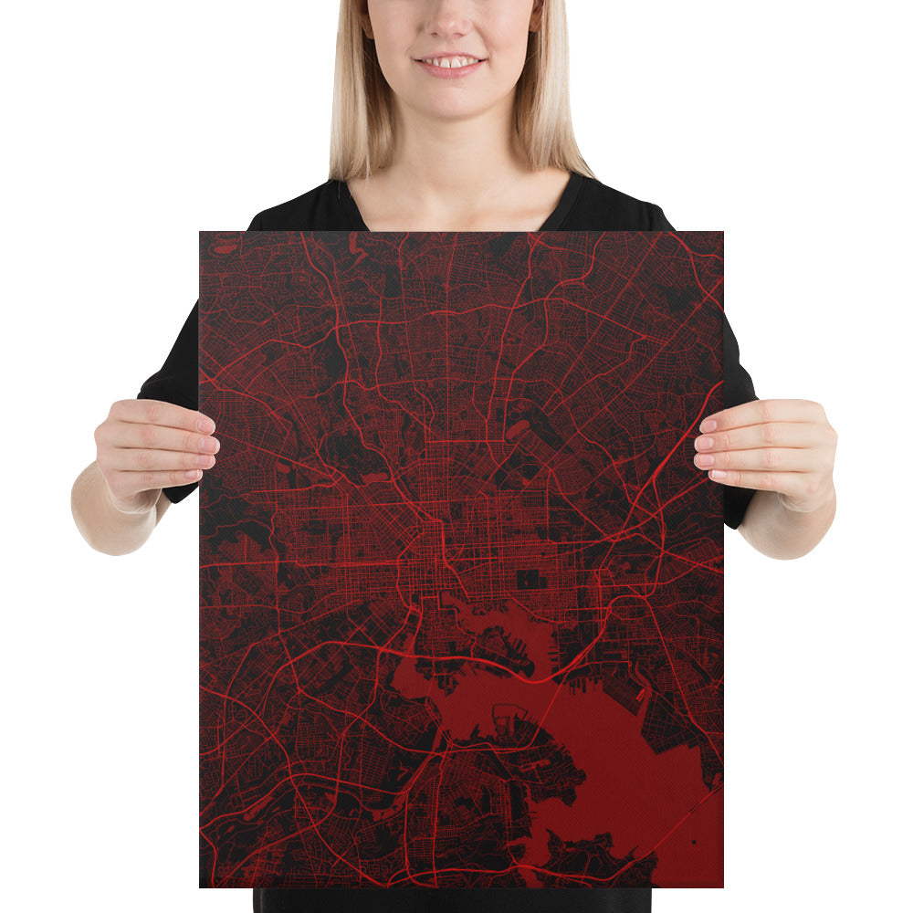 Baltimore Black and Red Canvas Map