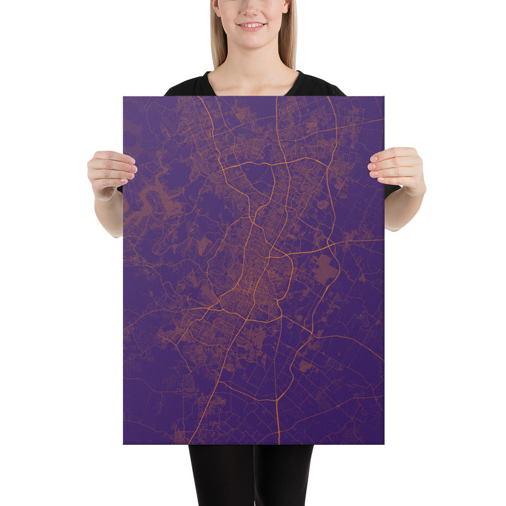 Austin Purple and Orange Canvas Map