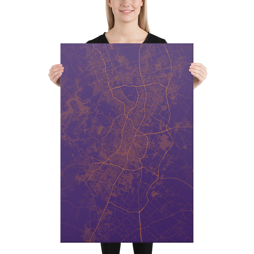 Austin Purple and Orange Canvas Map