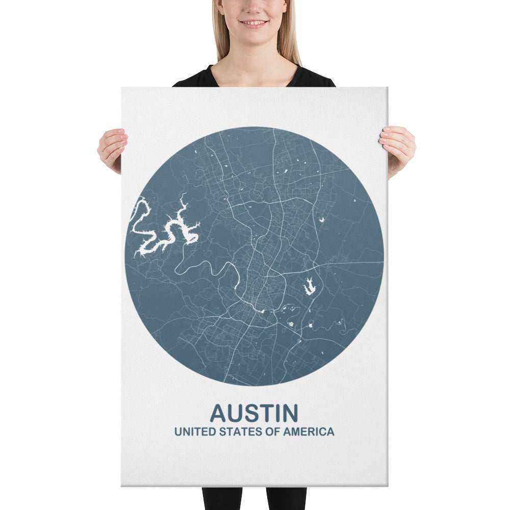 Austin Circular Blue Canvas Map
