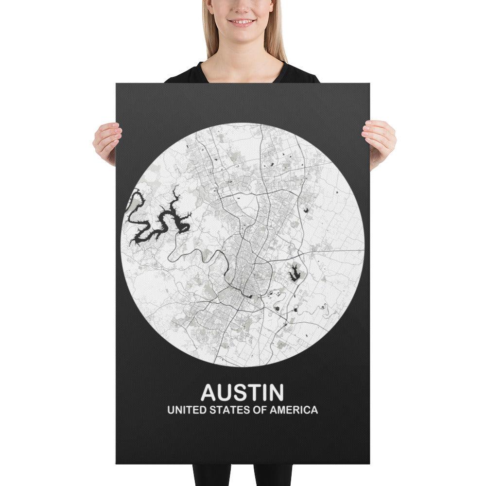 Austin Circular White Canvas Map