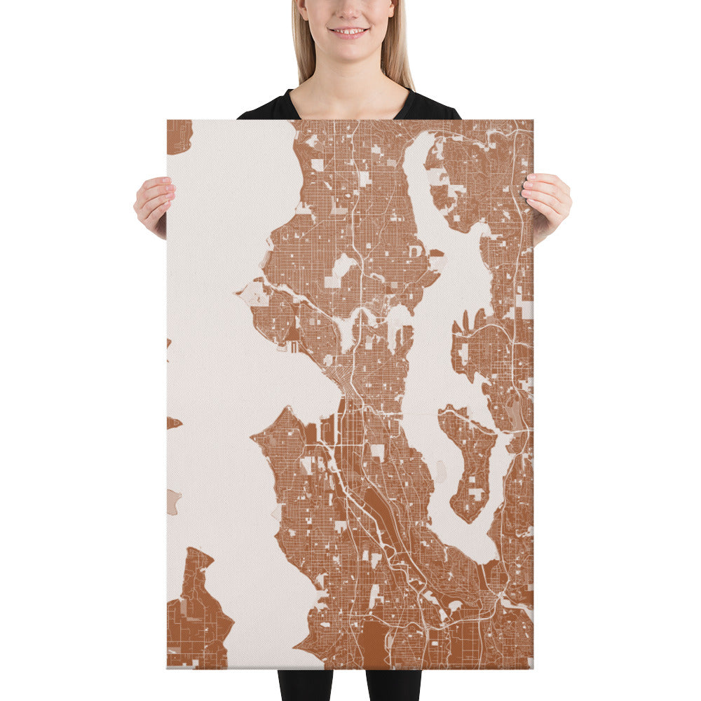 Seattle Brown and White Canvas Map