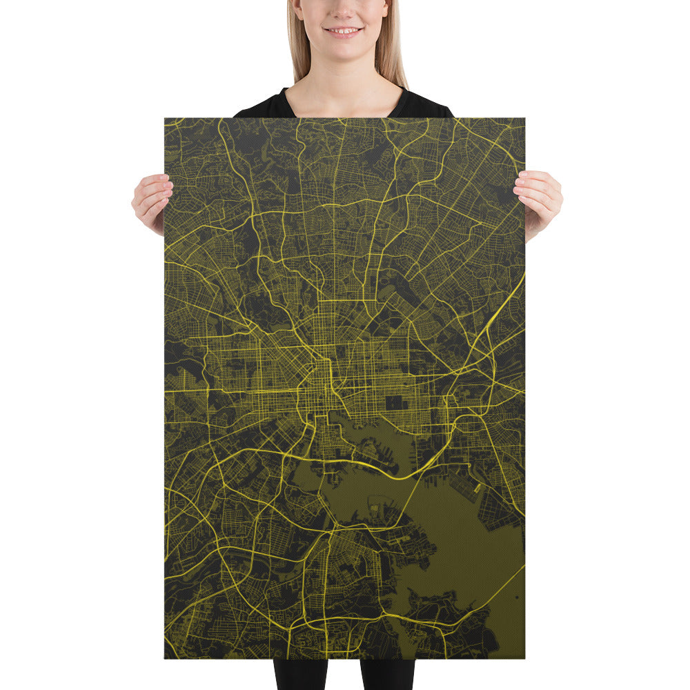 Baltimore Black and Yellow Canvas Map