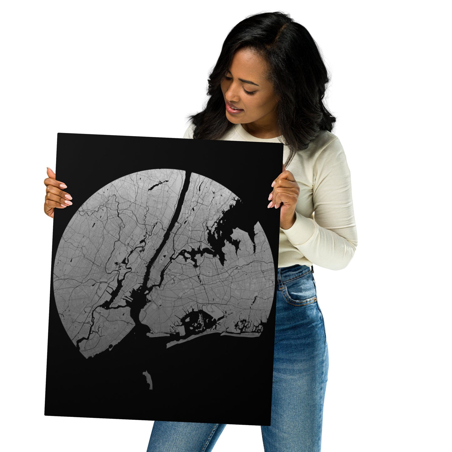 New York Silver on Black Metal Map