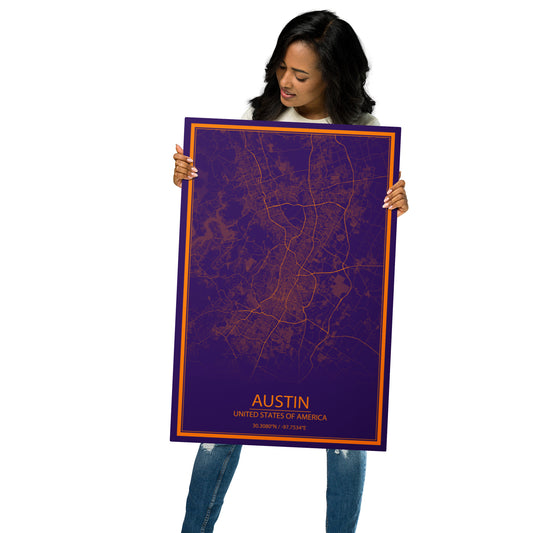 Austin Purple and Orange Metal Map