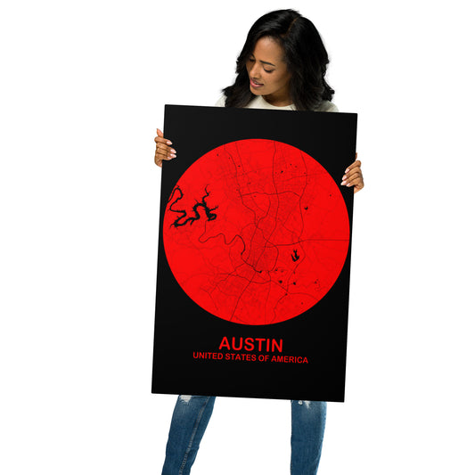 Austin Circular Red Metal Map
