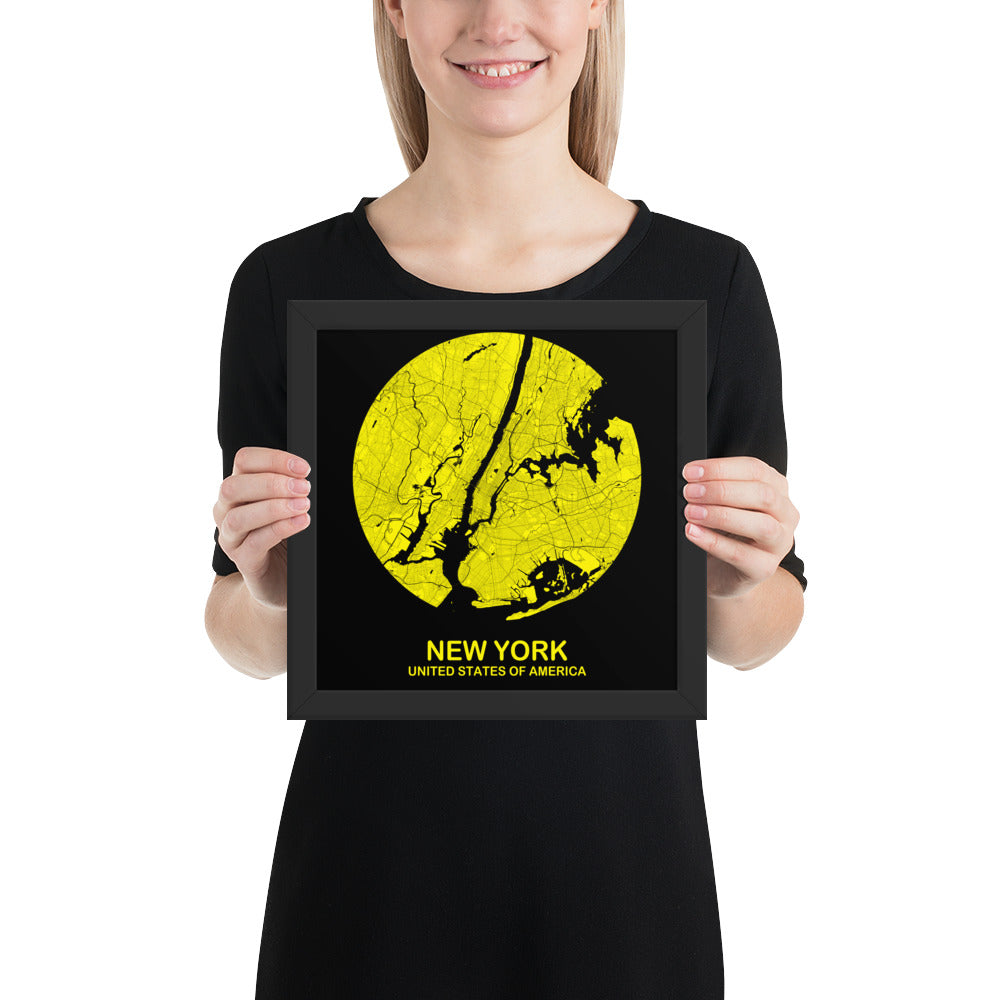 New York Circular Yellow Framed Map