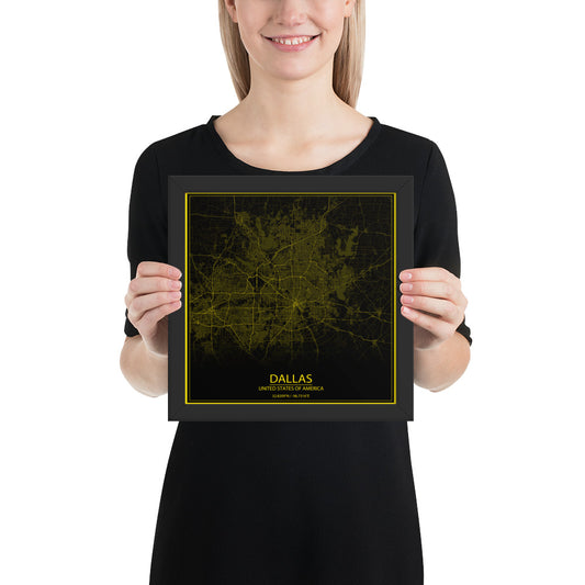 Dallas Black and Yellow Framed Map