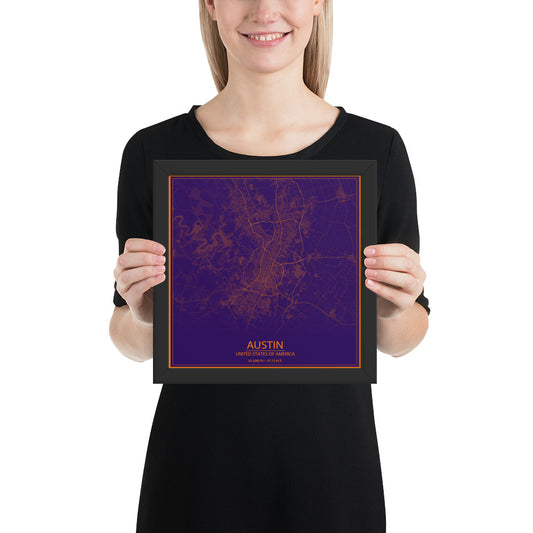 Austin Purple and Orange Framed Map