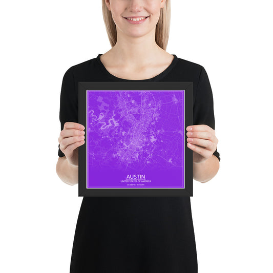Austin Purple and White Framed Map