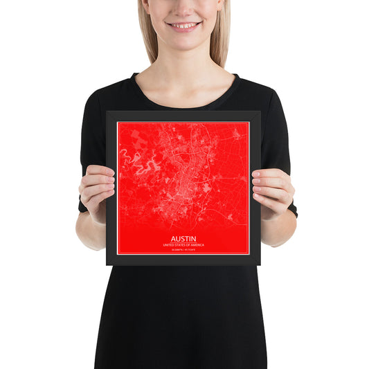 Austin Red and White Framed Map
