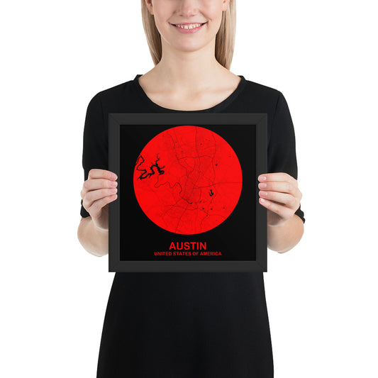 Austin Circular Red Framed Map