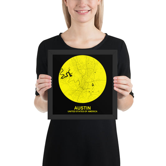 Austin Circular Yellow Framed Map